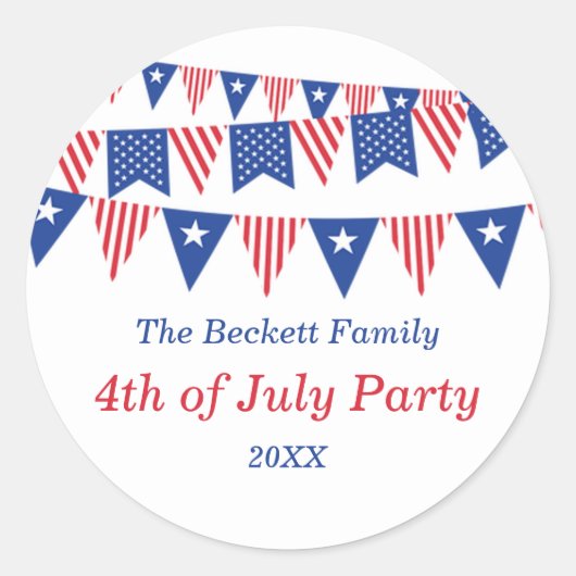 赤・白・青のバンティングフラッグ7月4日パーティー ラウンドシール (正面)