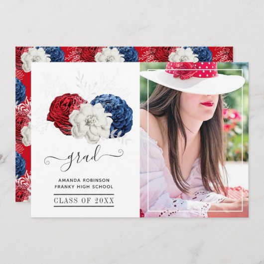 赤、白、青のフローラ卒業写真 案内状 (正面/裏面)