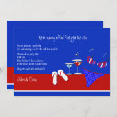 赤、白、青のプールパーティの招待状 招待状 (正面/裏面)