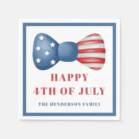 赤、白、青のボウ 4th of July スタンダードカクテルナプキン (正面)