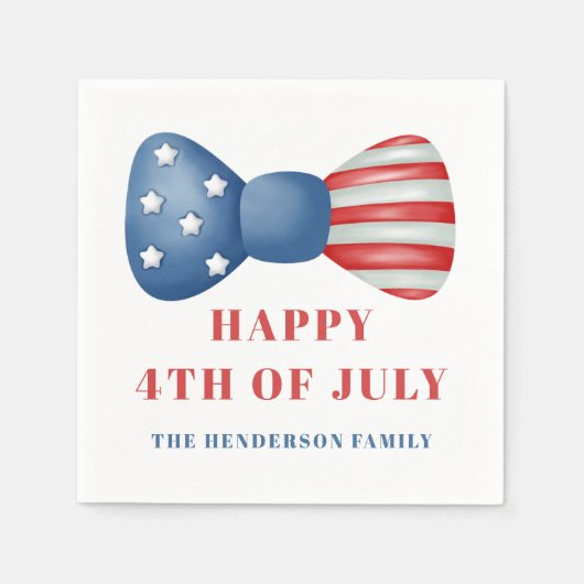 赤、白、青のボウ 4th of July スタンダードカクテルナプキン (正面)