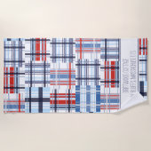 赤、白、青のマドラスビーチタオルと文字 ビーチタオル (正面)