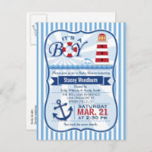 赤、白、青のライトハウス航海のベビーシャワー インビテーションポストカード (正面/裏面)