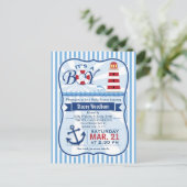 赤、白、青のライトハウス航海のベビーシャワー インビテーションポストカード (スタンド正面)