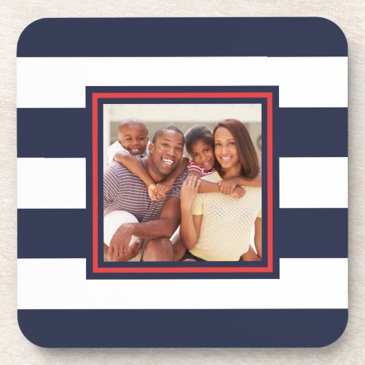 赤、白、青の写真ストライプ付きパターン コースター (正面)