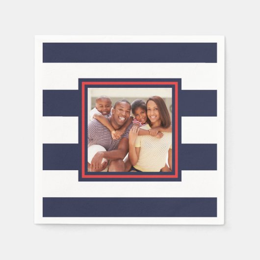 赤、白、青の写真ストライプ付きパターン スタンダードカクテルナプキン (正面)