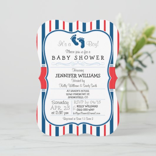 赤、白、青の各の赤ストライプちゃんシャワー 招待状 (スタンド正面)