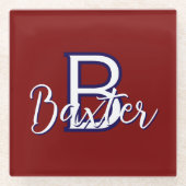 赤・白・青の名前とイニシャル　オーダーメイド ガラスコースター (正面)