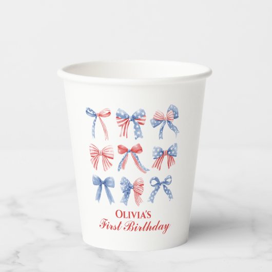 赤、白、青の弓の7月4日誕生日 紙コップ (正面)