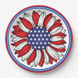 赤、白、青の愛国的なヒマワリ ペーパープレート