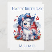 赤、白、青の愛国的なポニー誕生日カード (正面/裏面)