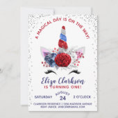 赤・白・青の愛国的ユニコーン誕生日 招待状 (正面)