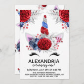 赤・白・青の愛国的ユニコーン誕生日 招待状 (正面/裏面)