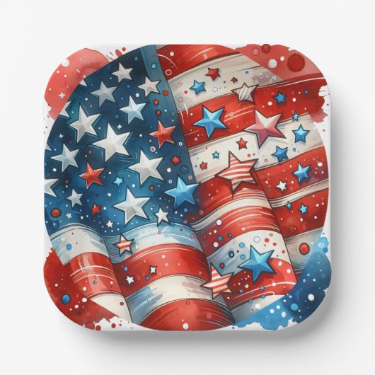 赤・白・青の愛国的7月4日パーティー ペーパープレート (正面)