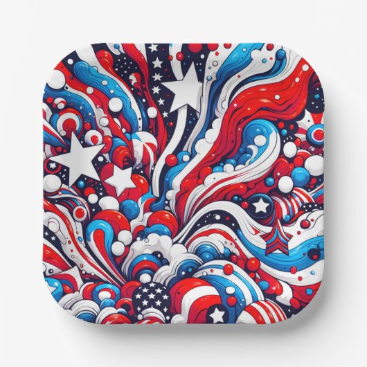 赤・白・青の愛国的7月4日 ペーパープレート (正面)