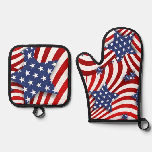 赤、白、青の星とストライプ星 鍋つかみ&鍋敷きセット (正面)