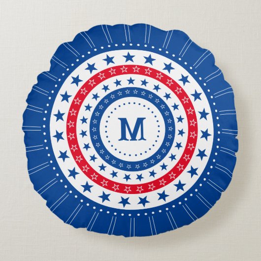 赤、白、青の星とモノグラム ラウンドクッション (正面)