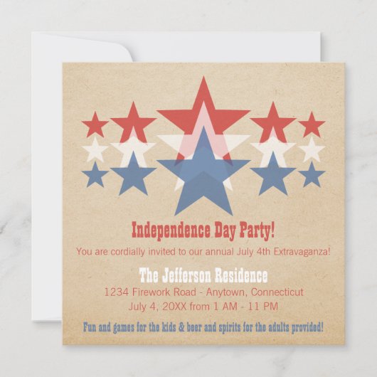 赤、白、青の星カスケード7月4日招待状 招待状 (正面)