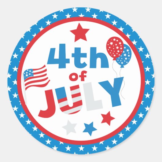 赤・白・青の星・国旗7月4日 ラウンドシール (正面)