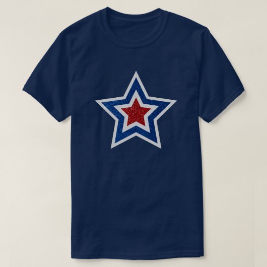 赤、白、青の星 7月4日 グリッター Tシャツ (デザイン正面)