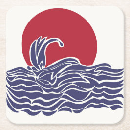 赤、白、青の海の夕日と波 スクエアペーパーコースター