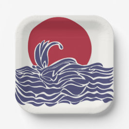 赤、白、青の海の夕日と波 ペーパープレート