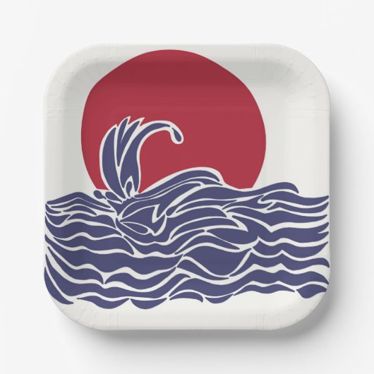 赤、白、青の海の夕日と波 ペーパープレート (正面)