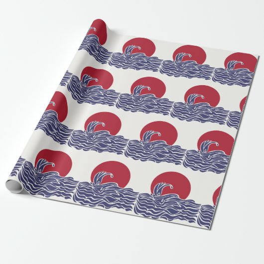 赤、白、青の海の夕日と波 ラッピングペーパー (アンロールド)