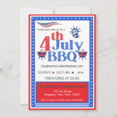 赤・白・青の7月4日パーティー・BBQ・お祝い 招待状 (正面)