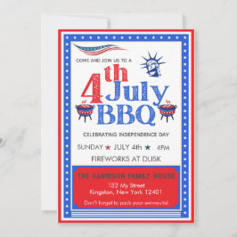 赤・白・青の7月4日パーティー・BBQ・お祝い 招待状