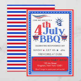 赤・白・青の7月4日パーティー・BBQ・お祝い 招待状