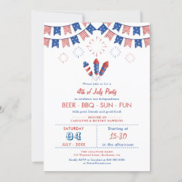 赤・白・青アメリカ国旗7月4日パーティー 招待状