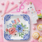 赤・白・青フローラ米国国旗 ペーパープレート (パーティー)