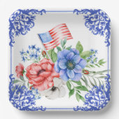 赤・白・青フローラ米国国旗 ペーパープレート (正面)