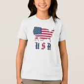 赤・白・青「アメリカ」、アメリカの地図と国旗 トライブレンドTシャツ (正面)