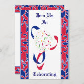 赤、白、青、ダマスクの結婚式 招待状 (正面/裏面)