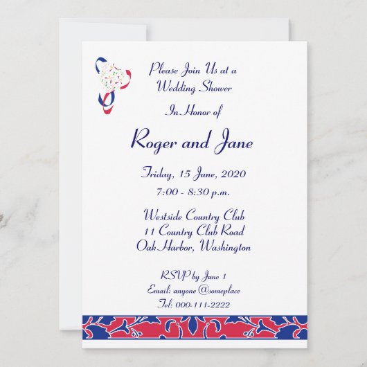 赤、白、青、ダマスクブライダルシャワー 招待状 (正面)