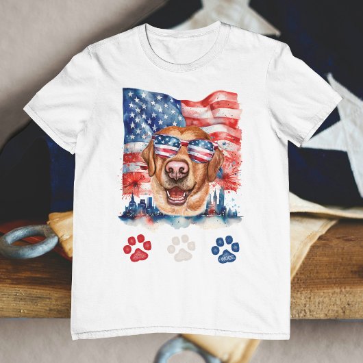 赤 白 青 ラブラドール アメリカ 7月4日 Tシャツ