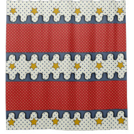 赤、白、青 – 水玉模様、ストライプ星 シャワーカーテン