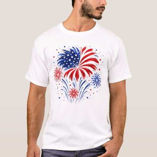 赤 白 青 花火 7月4日 Tシャツ (正面)