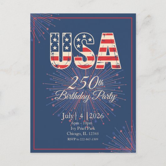 赤 白 青 USA 250歳の誕生日 7月4日 ポストカード (正面)