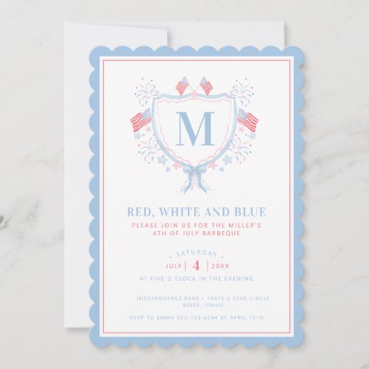 赤・白・青BBQ 7月モノグラム紋章4日 招待状 (正面)