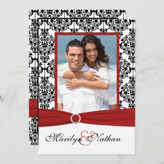 赤、白、黒のダマスクIIフォトウェディング招待 招待状 (正面/裏面)