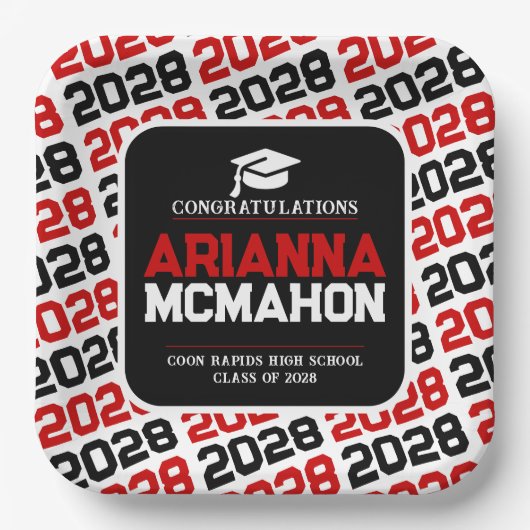 赤・白・黒のパーソナライズされた卒業用紙 ペーパープレート (正面)