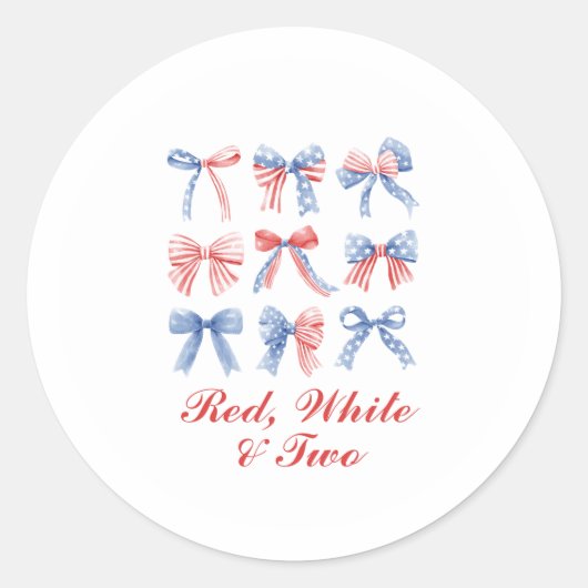 赤、白、2つの弓の7月4日誕生日 ラウンドシール (正面)