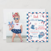 赤、白、2日7月2日の誕生日の写真 招待状 (正面)