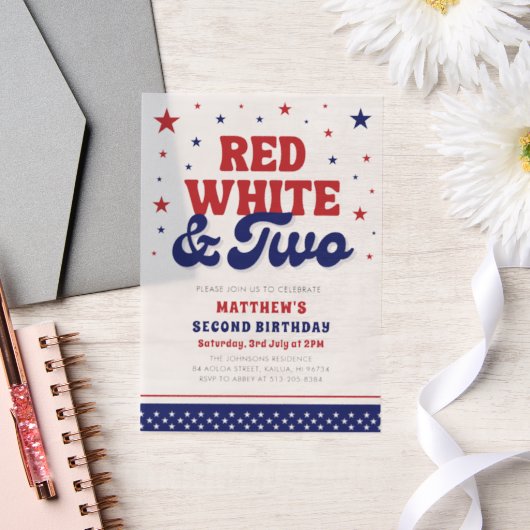 赤、白、2日7月2日の誕生日パーティー ベラム紙招待状 (ウェディング)