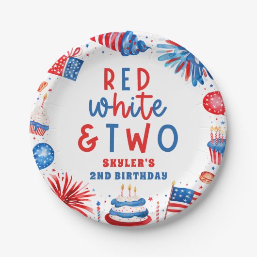 赤、白、2日7月2日の誕生日パーティー ペーパープレート (正面)