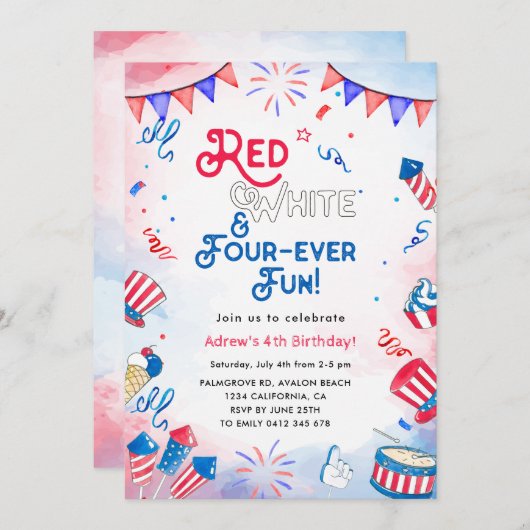 赤、白、4回のおもしろい、4番目の誕生日 招待状 (正面/裏面)