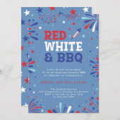 赤、白、BBQ 4th of July 愛国的な花火 招待状 (正面/裏面)
